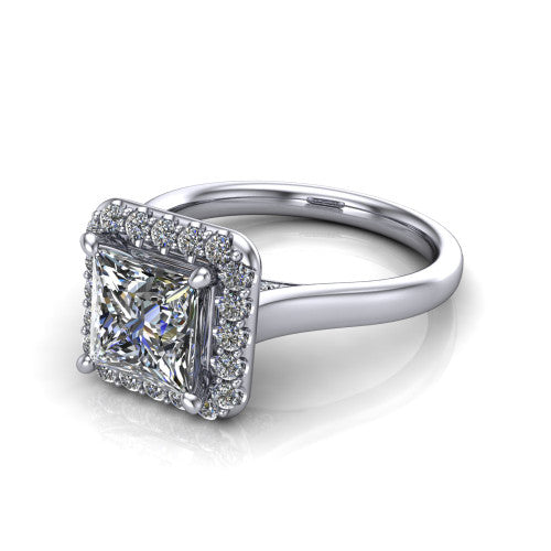 Reese princess-cut halo engagement ring in 14K White Gold, three-quarter perspective showing the princess-cut center diamond in a pave halo above a thin band