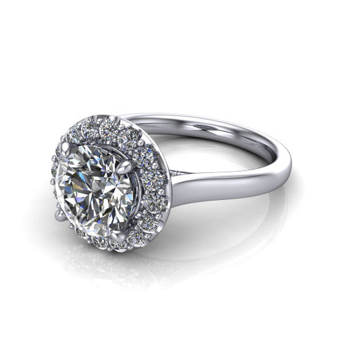 Reese round halo engagement ring in Platinum, three-quarter perspective showing the round center diamond in a pave halo above a thin band