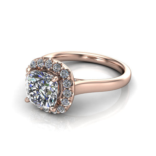 Reese cushion halo engagement ring in 18K Rose Gold, three-quarter perspective showing the cushion center diamond in a pave halo above a thin band