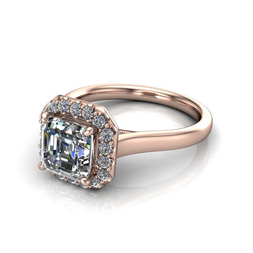 Reese square emerald-cut halo engagement ring in 14K Rose Gold, three-quarter perspective showing the square emerald-cut center diamond in a pave halo above a thin band