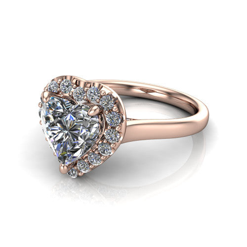 Reese heart halo engagement ring in 14K Rose Gold, three-quarter perspective showing the heart center diamond in a pave halo above a thin band