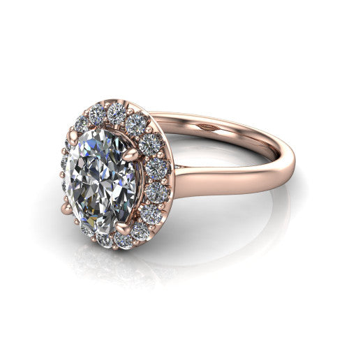 Reese oval halo engagement ring in 14K Rose Gold, three-quarter perspective showing the oval center diamond in a pave halo above a thin band