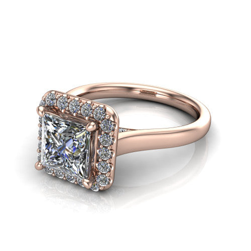 Reese princess-cut halo engagement ring in 14K Rose Gold, three-quarter perspective showing the princess-cut center diamond in a pave halo above a thin band