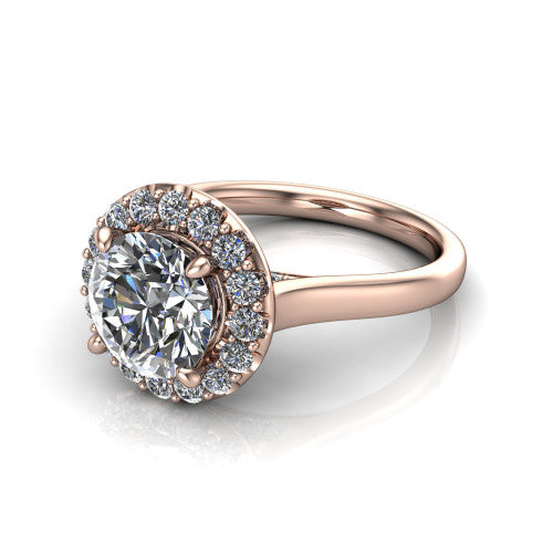Reese round halo engagement ring in 14K Rose Gold, three-quarter perspective showing the round center diamond in a pave halo above a thin band