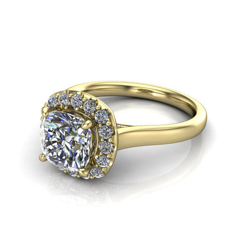 Reese cushion halo engagement ring in 18K Yellow Gold, three-quarter perspective showing the cushion center diamond in a pave halo above a thin band