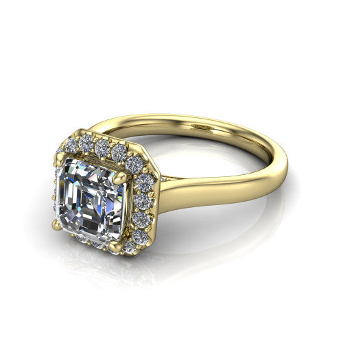 Reese square emerald-cut halo engagement ring in 18K Yellow Gold, three-quarter perspective showing the square emerald-cut center diamond in a pave halo above a thin band