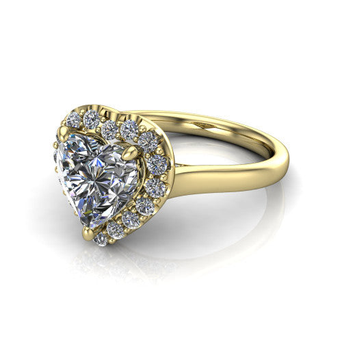 Reese heart halo engagement ring in 18K Yellow Gold, three-quarter perspective showing the heart center diamond in a pave halo above a thin band