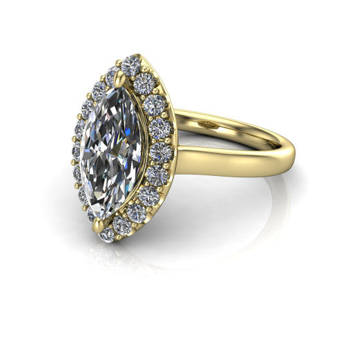 Reese marquise halo engagement ring in 14K Yellow Gold, three-quarter perspective showing the marquise center diamond in a pave halo above a thin band