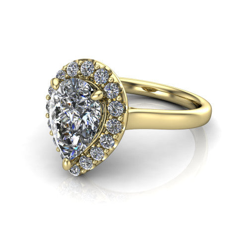 Reese pear halo engagement ring in 14K Yellow Gold, three-quarter perspective showing the pear center diamond in a pave halo above a thin band