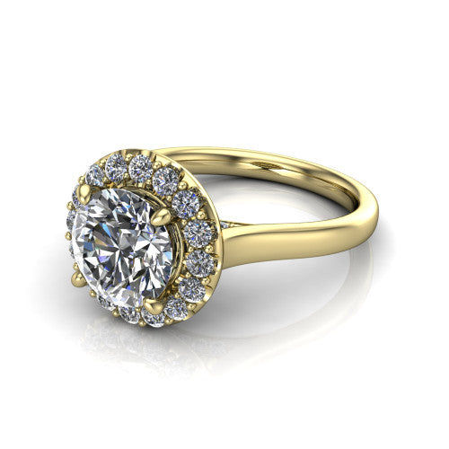 Reese round halo engagement ring in 18K Yellow Gold, three-quarter perspective showing the round center diamond in a pave halo above a thin band