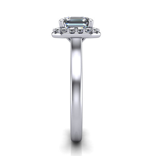 Reese square emerald-cut halo engagement ring in Platinum, side profile showing the halo, hidden accent, and thin band in side view