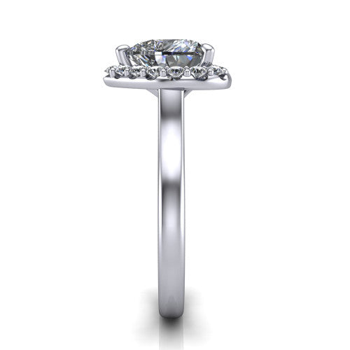 Reese heart halo engagement ring in 18K White Gold, side profile showing the halo, hidden accent, and thin band in side view