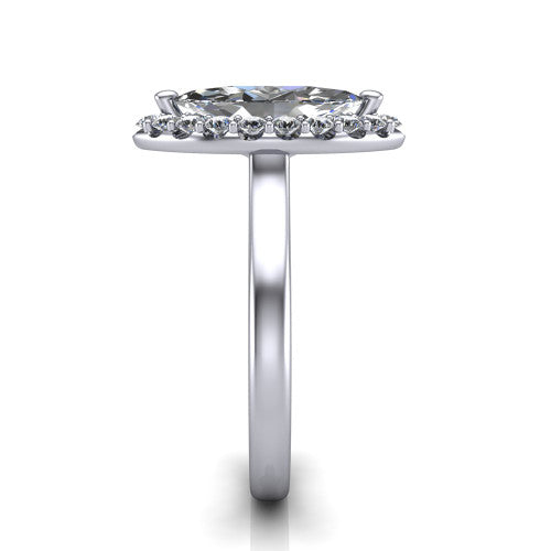 Reese marquise halo engagement ring in 18K White Gold, side profile showing the halo, hidden accent, and thin band in side view