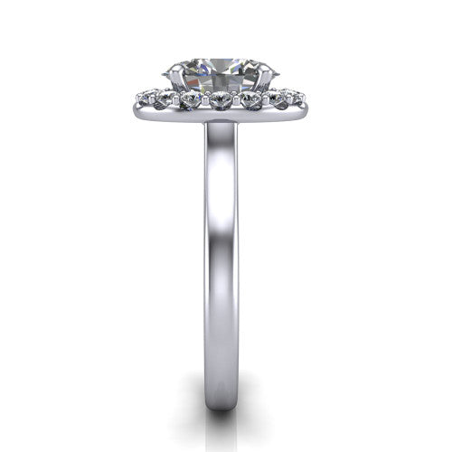 Reese oval halo engagement ring in Platinum, side profile showing the halo, hidden accent, and thin band in side view
