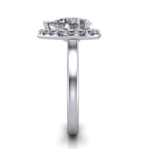 Reese pear halo engagement ring in 18K White Gold, side profile showing the halo, hidden accent, and thin band in side view