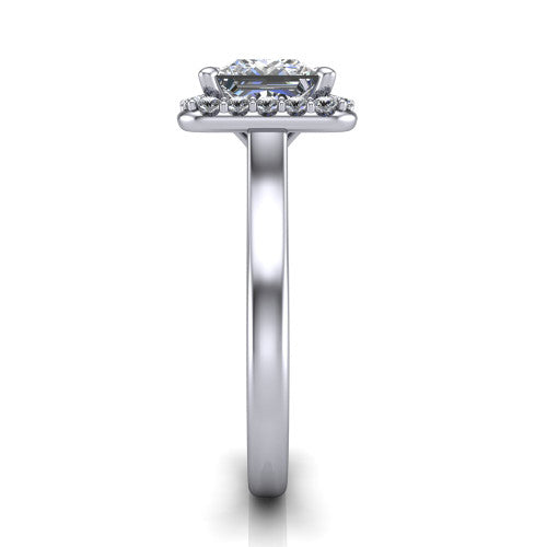 Reese princess-cut halo engagement ring in 14K White Gold, side profile showing the halo, hidden accent, and thin band in side view