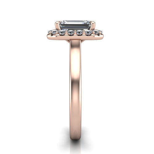 Reese emerald-cut halo engagement ring in 14K Rose Gold, side profile showing the halo, hidden accent, and thin band in side view