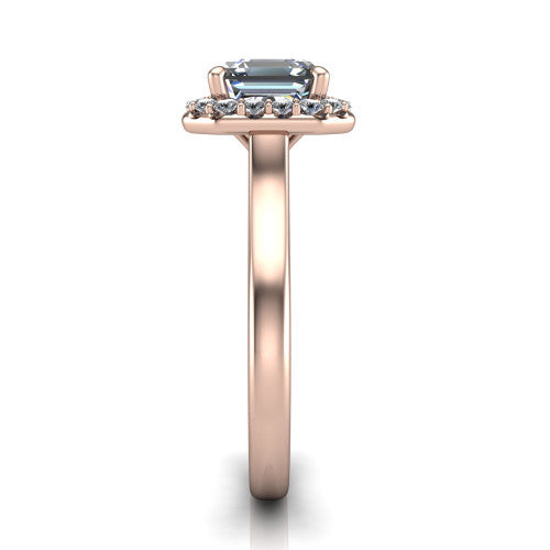 Reese square emerald-cut halo engagement ring in 18K Rose Gold, side profile showing the halo, hidden accent, and thin band in side view