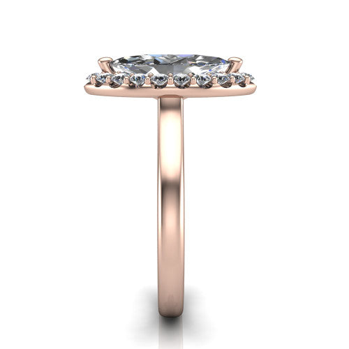 Reese marquise halo engagement ring in 14K Rose Gold, side profile showing the halo, hidden accent, and thin band in side view