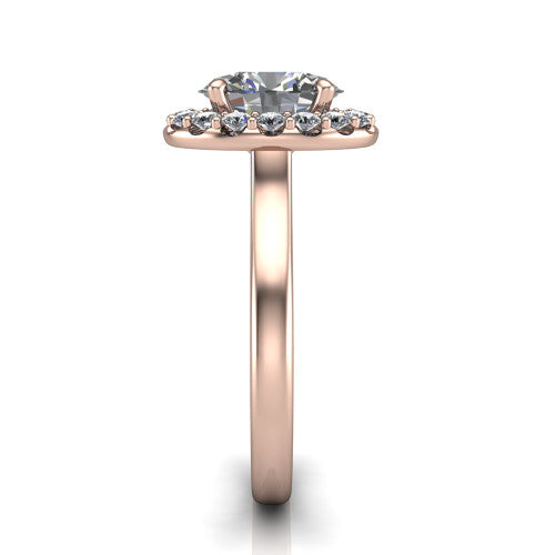 Reese oval halo engagement ring in 18K Rose Gold, side profile showing the halo, hidden accent, and thin band in side view