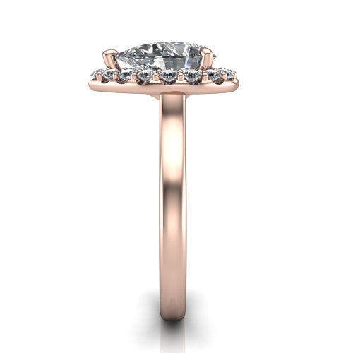 Reese pear halo engagement ring in 18K Rose Gold, side profile showing the halo, hidden accent, and thin band in side view