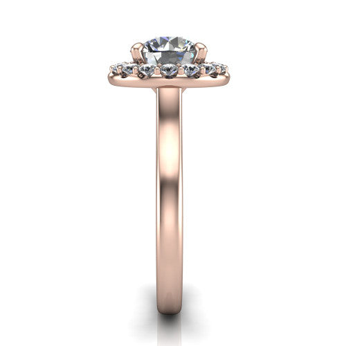 Reese round halo engagement ring in 14K Rose Gold, side profile showing the halo, hidden accent, and thin band in side view