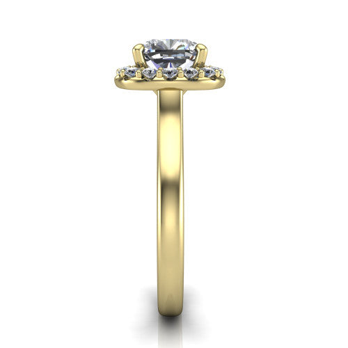 Reese cushion halo engagement ring in 14K Yellow Gold, side profile showing the halo, hidden accent, and thin band in side view