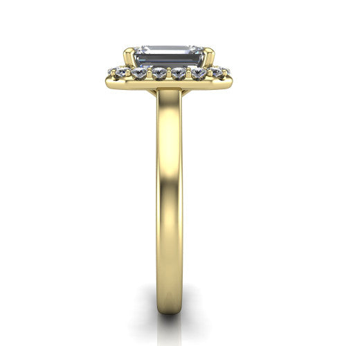 Reese emerald-cut halo engagement ring in 18K Yellow Gold, side profile showing the halo, hidden accent, and thin band in side view