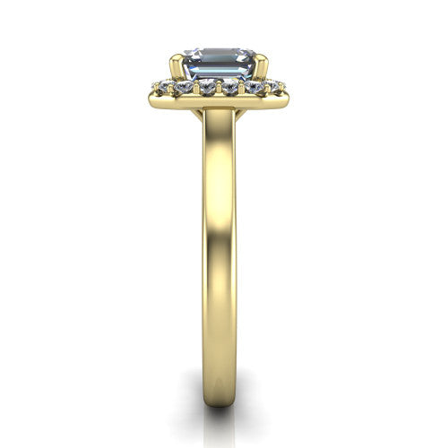 Reese square emerald-cut halo engagement ring in 14K Yellow Gold, side profile showing the halo, hidden accent, and thin band in side view