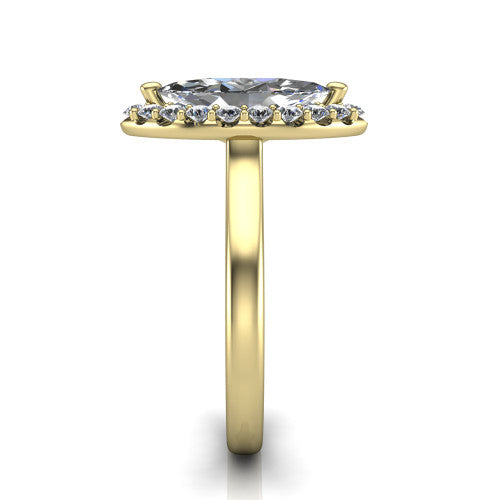 Reese marquise halo engagement ring in 18K Yellow Gold, side profile showing the halo, hidden accent, and thin band in side view