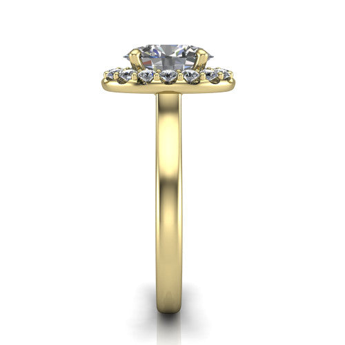 Reese oval halo engagement ring in 14K Yellow Gold, side profile showing the halo, hidden accent, and thin band in side view