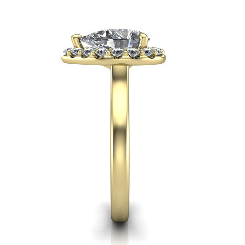 Reese pear halo engagement ring in 18K Yellow Gold, side profile showing the halo, hidden accent, and thin band in side view