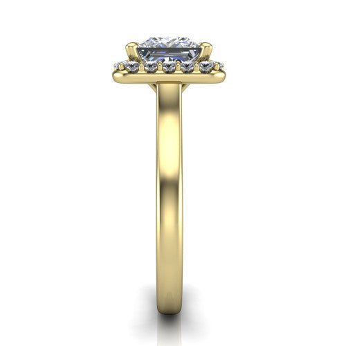 Reese princess-cut halo engagement ring in 18K Yellow Gold, side profile showing the halo, hidden accent, and thin band in side view