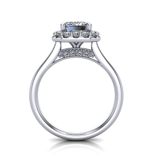 Reese emerald-cut halo engagement ring in 14K White Gold, through-finger front profile showing the hidden accent and halo from the front