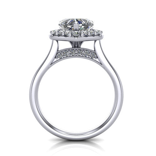 Reese heart halo engagement ring in 14K White Gold, through-finger front profile showing the hidden accent and halo from the front