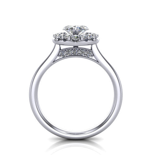 Reese marquise halo engagement ring in 18K White Gold, through-finger front profile showing the hidden accent and halo from the front