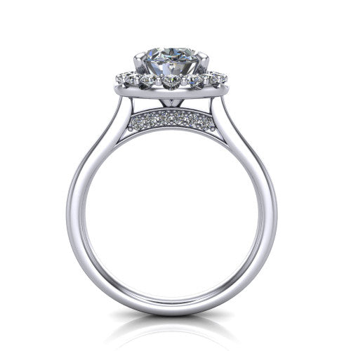 Reese oval halo engagement ring in Platinum, through-finger front profile showing the hidden accent and halo from the front
