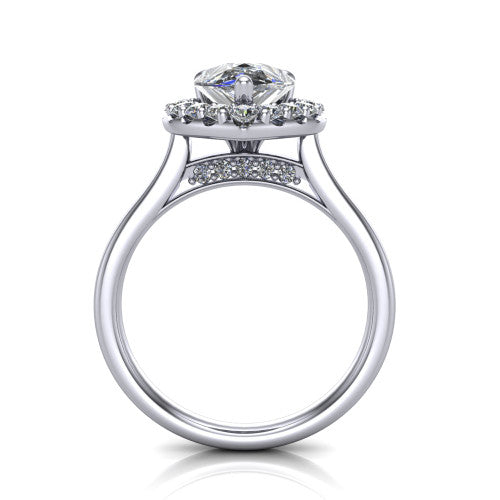 Reese pear halo engagement ring in 18K White Gold, through-finger front profile showing the hidden accent and halo from the front