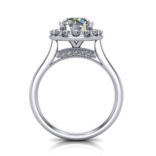 Reese round halo engagement ring in Platinum, through-finger front profile showing the hidden accent and halo from the front