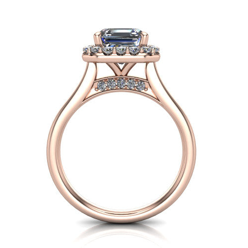 Reese square emerald-cut halo engagement ring in 14K Rose Gold, through-finger front profile showing the hidden accent and halo from the front