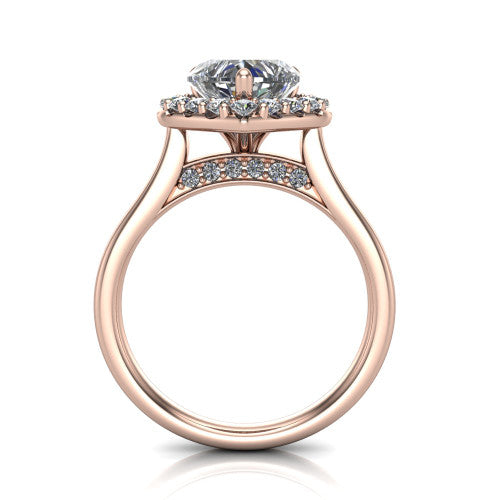 Reese heart halo engagement ring in 14K Rose Gold, through-finger front profile showing the hidden accent and halo from the front