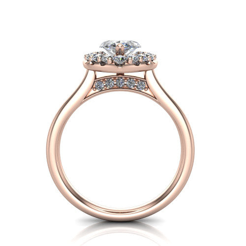 Reese marquise halo engagement ring in 14K Rose Gold, through-finger front profile showing the hidden accent and halo from the front