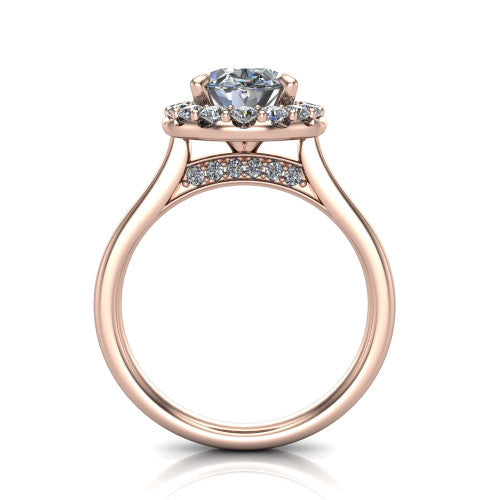 Reese oval halo engagement ring in 18K Rose Gold, through-finger front profile showing the hidden accent and halo from the front