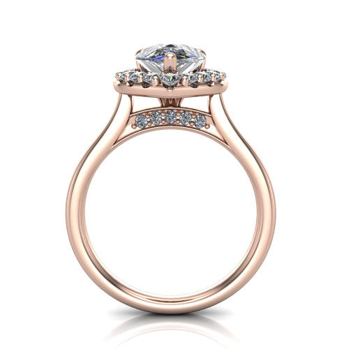 Reese pear halo engagement ring in 14K Rose Gold, through-finger front profile showing the hidden accent and halo from the front