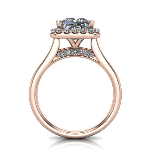 Reese princess-cut halo engagement ring in 14K Rose Gold, through-finger front profile showing the hidden accent and halo from the front