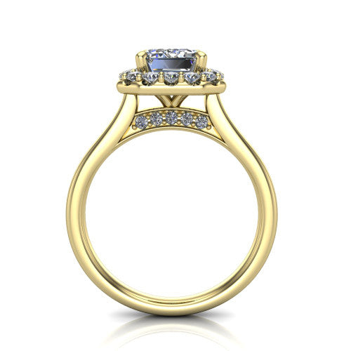 Reese emerald-cut halo engagement ring in 14K Yellow Gold, through-finger front profile showing the hidden accent and halo from the front