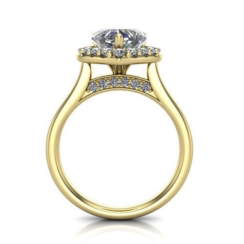 Reese heart halo engagement ring in 18K Yellow Gold, through-finger front profile showing the hidden accent and halo from the front