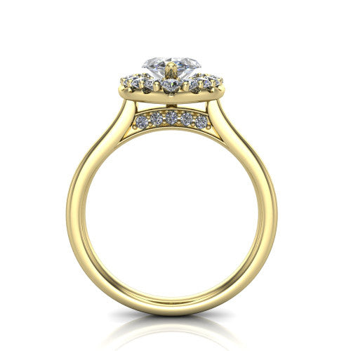 Reese marquise halo engagement ring in 14K Yellow Gold, through-finger front profile showing the hidden accent and halo from the front