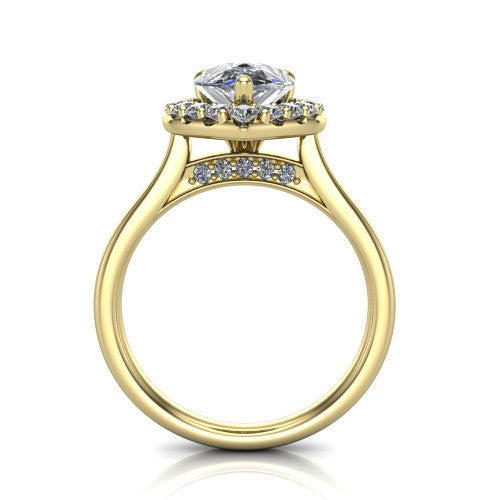 Reese pear halo engagement ring in 14K Yellow Gold, through-finger front profile showing the hidden accent and halo from the front