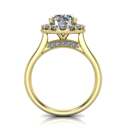 Reese round halo engagement ring in 14K Yellow Gold, through-finger front profile showing the hidden accent and halo from the front